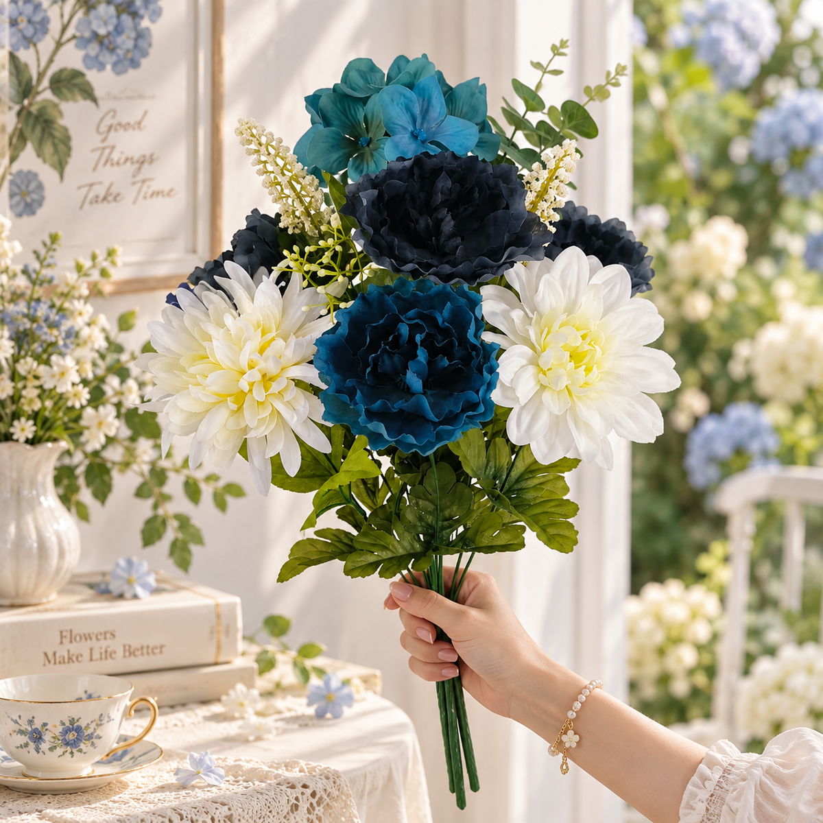 Artificial Flower Bouquet with Hydrangea & Peony, Navy and Cream Faux Flowers, 21.5 Inch Indoor Home Decor