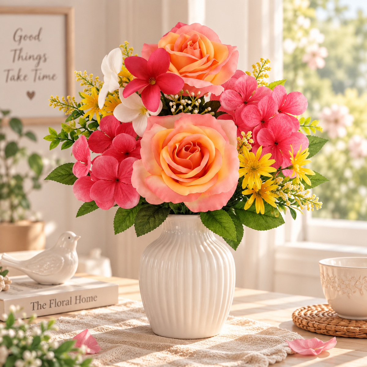 Artificial Rose & Hydrangea Flower Bush, Pink & Fuchsia, 16 Inch Faux Floral Arrangement
