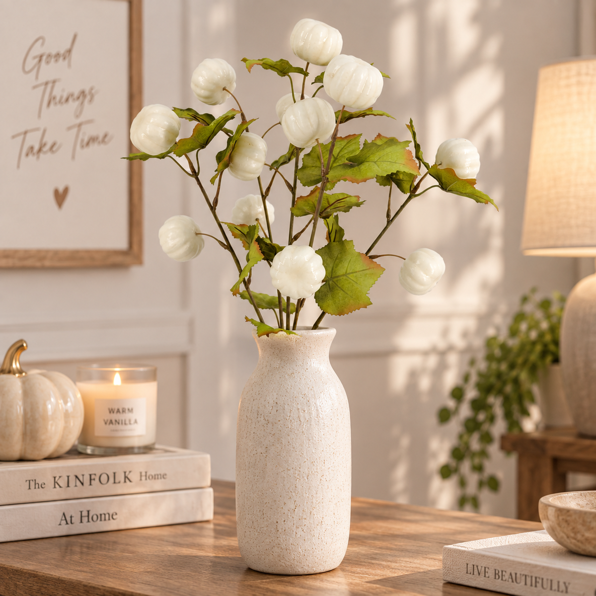18-Inch White Artificial Pumpkin Bush for Fall Decor – Indoor Faux Pumpkin Stem with Green Foliage