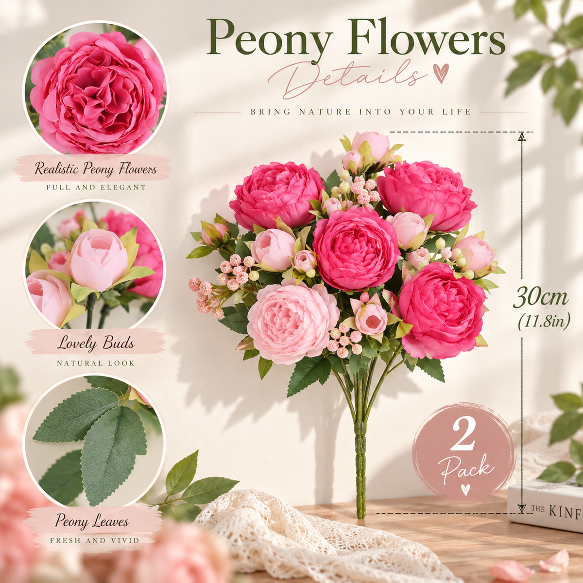 Artificial Peony Flowers – 2 or 4 Bundles Silk Faux Peony Bouquet for Wedding & Home Decor