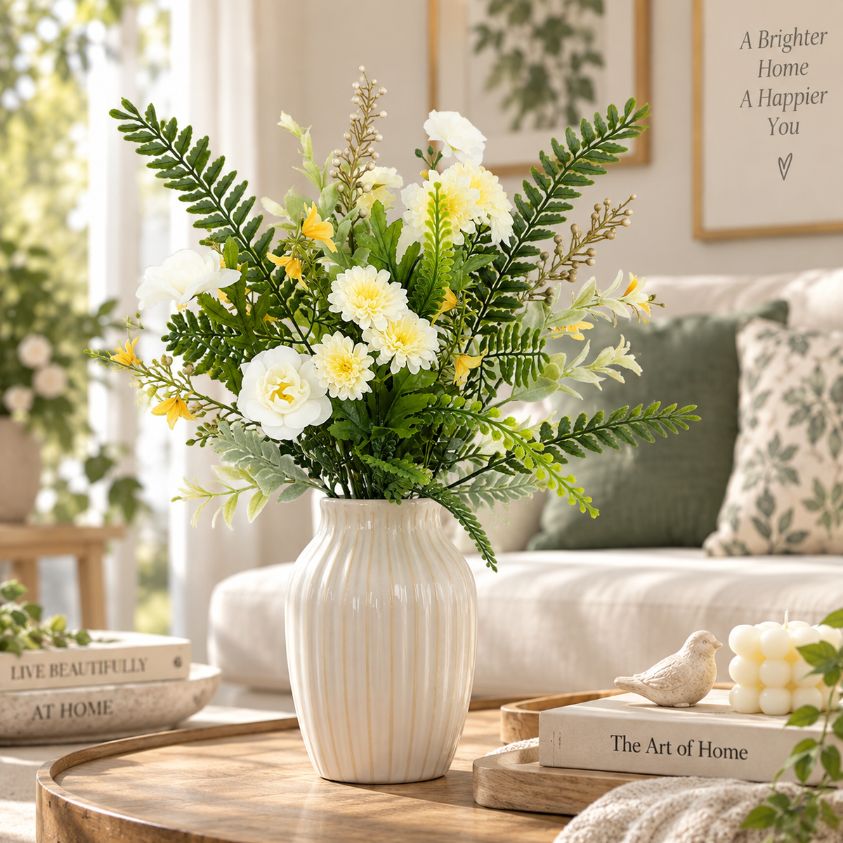 19" Artificial Gardenia Floral Arrangement – White Faux Flowers & Greenery for Indoor Home Decor