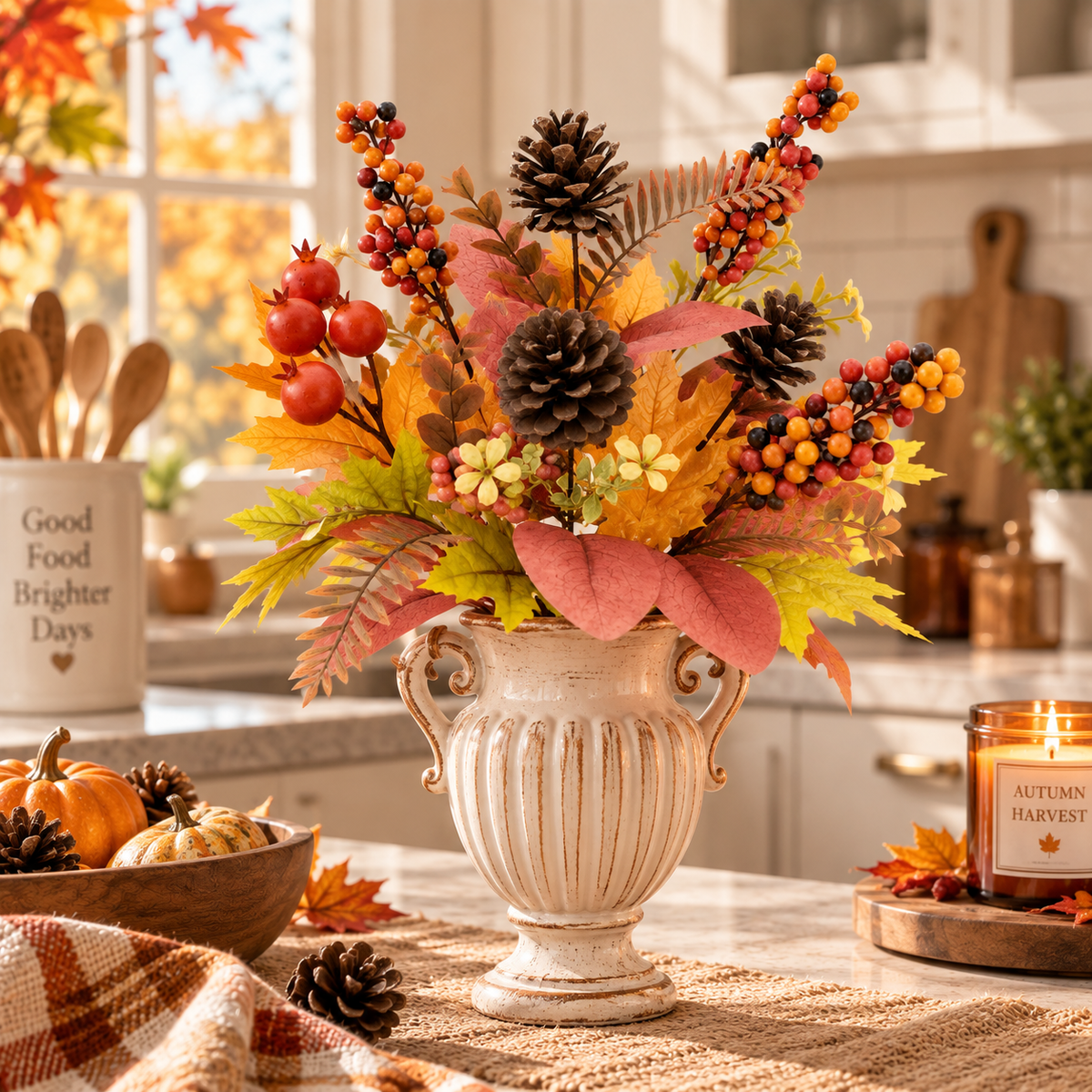 16" Artificial Fall Berry & Pinecone Bush – Autumn Harvest Floral Decor for Home, Table & Centerpieces