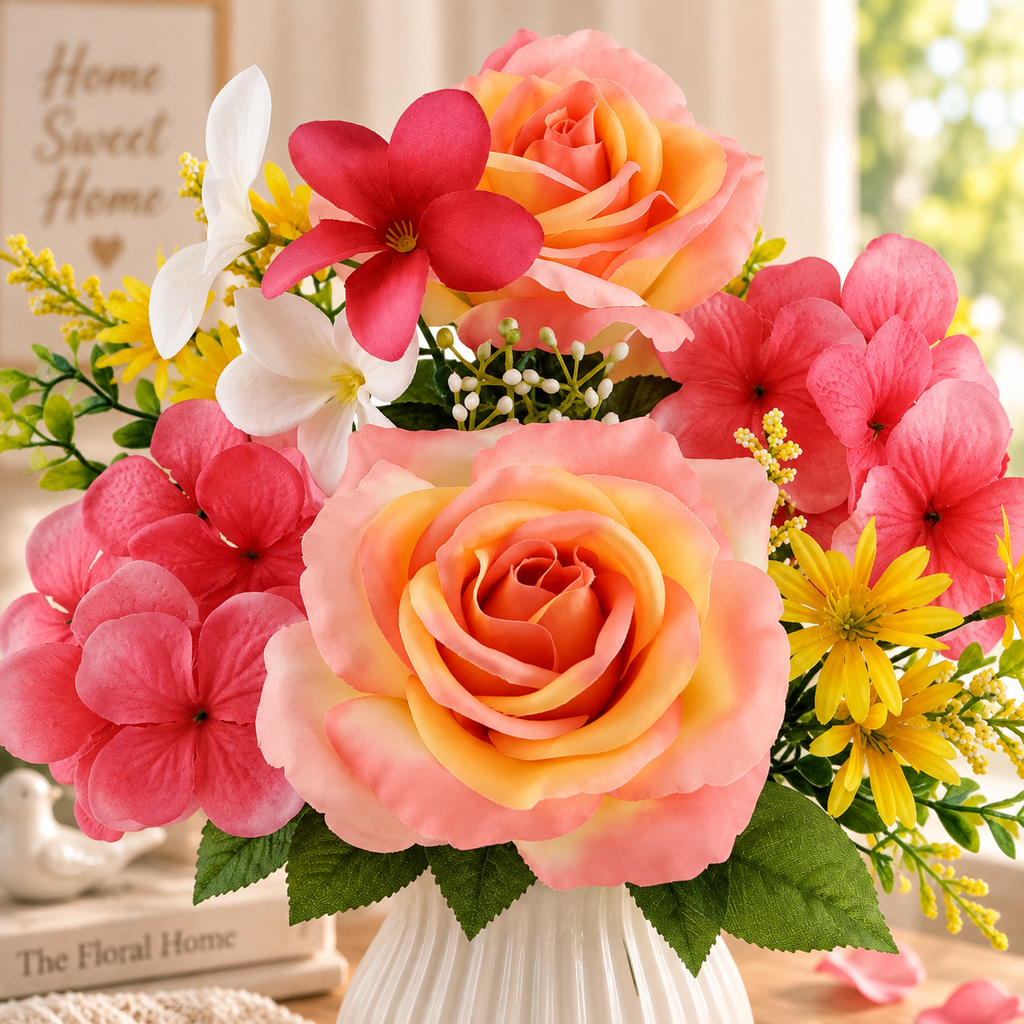 Artificial Rose & Hydrangea Flower Bush, Pink & Fuchsia, 16 Inch Faux Floral Arrangement