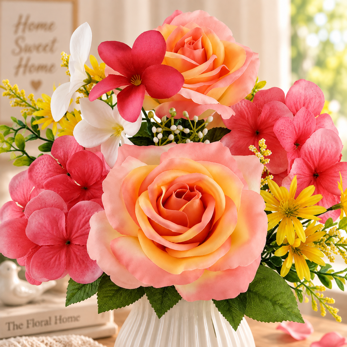 Artificial Rose & Hydrangea Flower Bush, Pink & Fuchsia, 16 Inch Faux Floral Arrangement