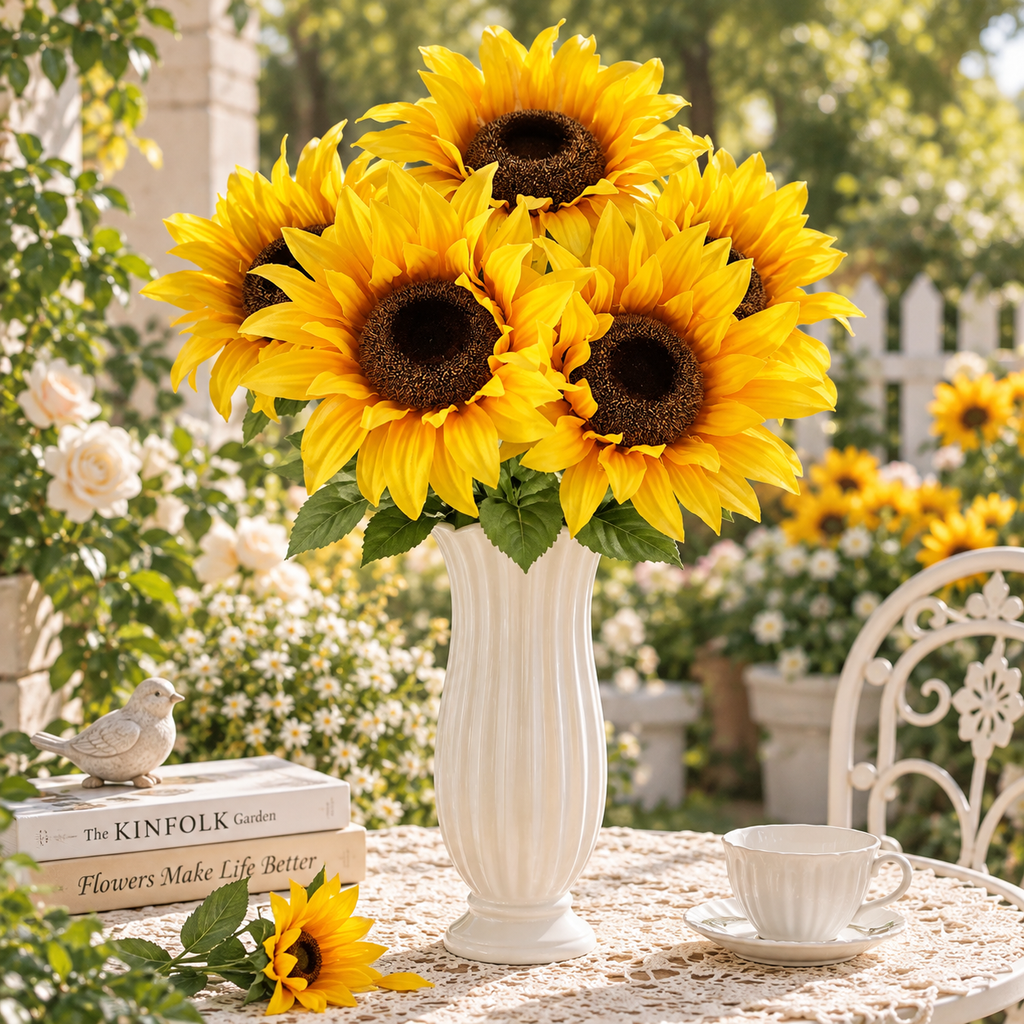 Indoor Artificial Sunflower Bush – Yellow Faux Floral Arrangement, 19.25 in