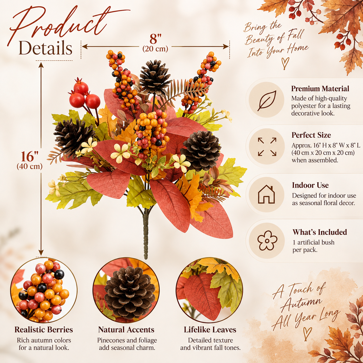 16" Artificial Fall Berry & Pinecone Bush – Autumn Harvest Floral Decor for Home, Table & Centerpieces