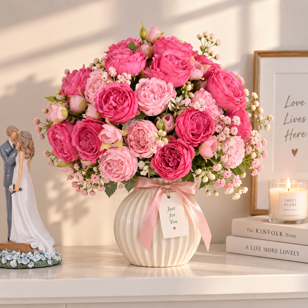 Artificial Peony Flowers – 2 or 4 Bundles Silk Faux Peony Bouquet for Wedding & Home Decor