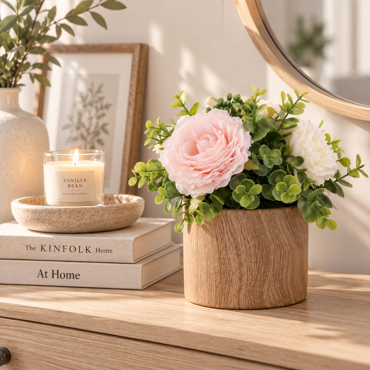 4.5" Artificial Floral Arrangement in Woodgrain Ceramic Pot – Pink & Cream Flowers