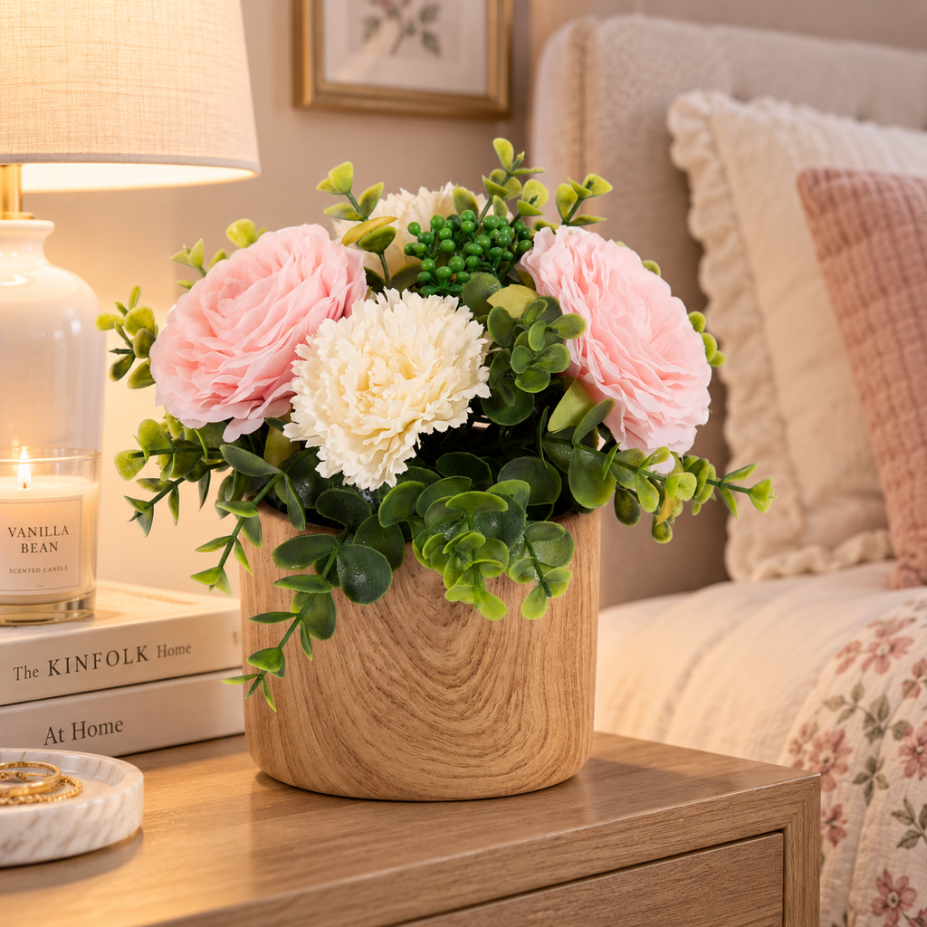 4.5" Artificial Floral Arrangement in Woodgrain Ceramic Pot – Pink & Cream Flowers