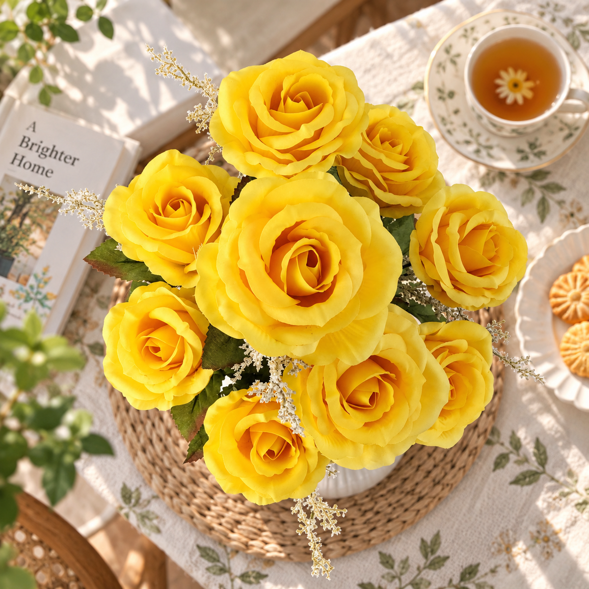 17.5" Yellow Artificial Rose Bush – 9 Bloom Indoor Floral Decor