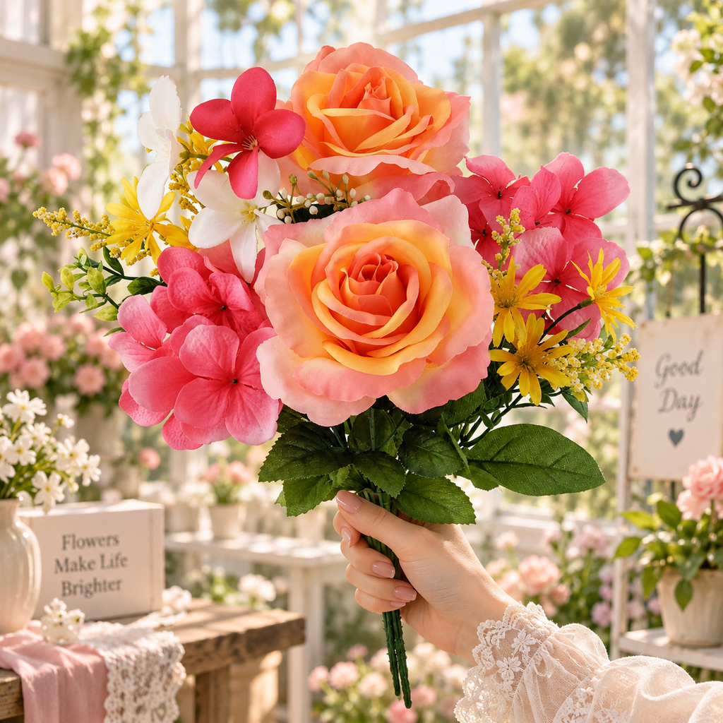 Artificial Rose & Hydrangea Flower Bush, Pink & Fuchsia, 16 Inch Faux Floral Arrangement