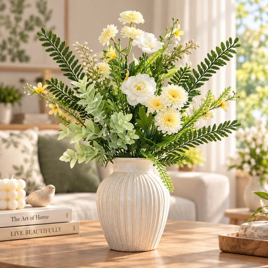 19" Artificial Gardenia Floral Arrangement – White Faux Flowers & Greenery for Indoor Home Decor
