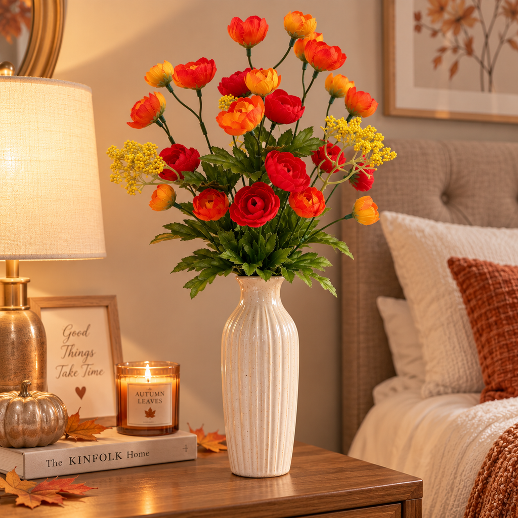 17" Artificial Ranunculus Floral Bush – Red & Orange Faux Flowers for Home Decor, Centerpieces & Office