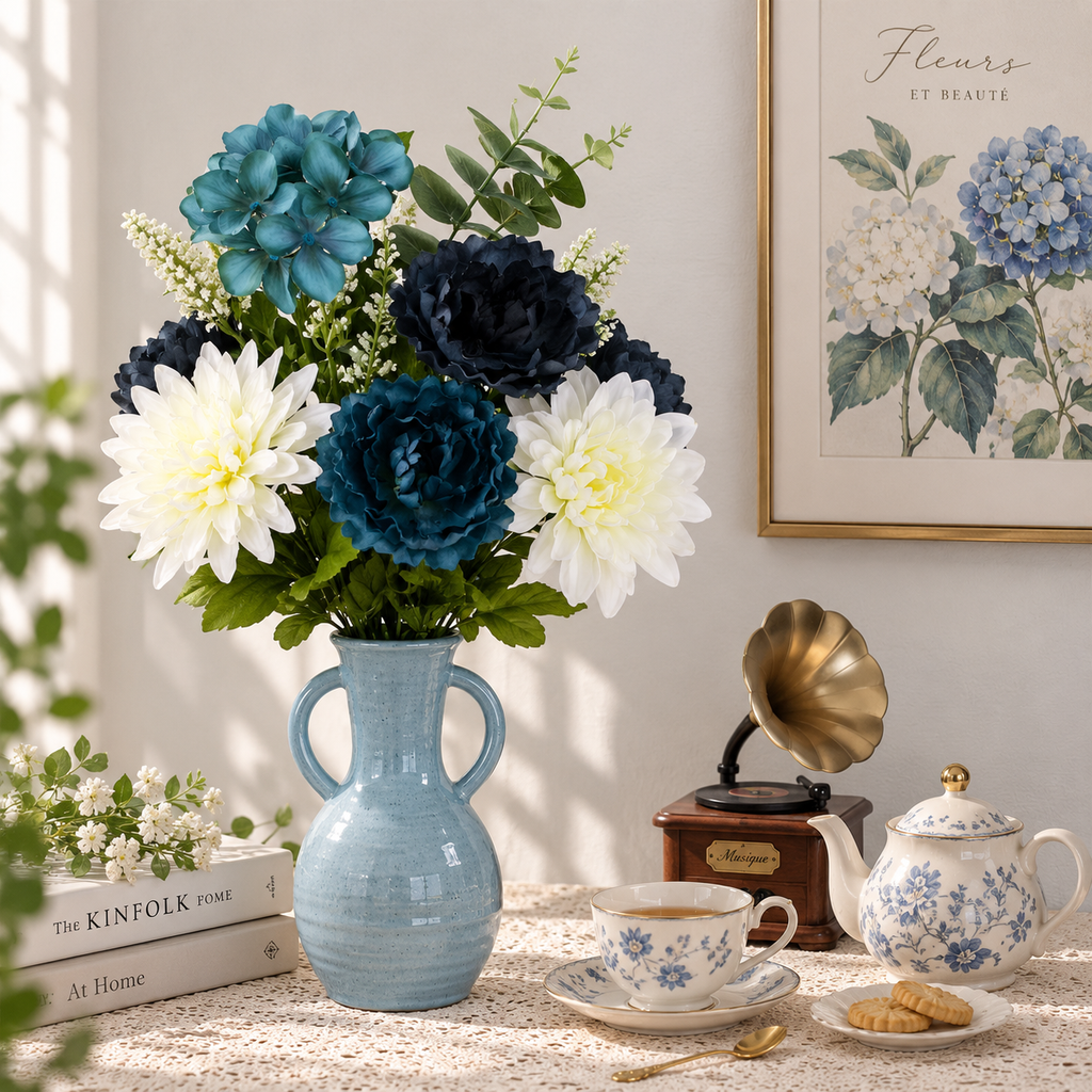 Artificial Flower Bouquet with Hydrangea & Peony, Navy and Cream Faux Flowers, 21.5 Inch Indoor Home Decor