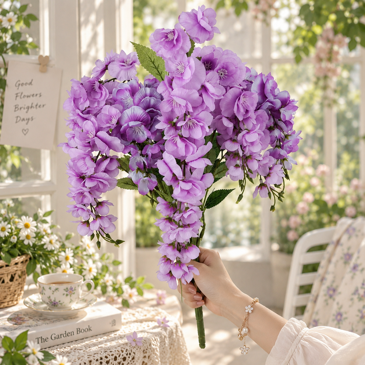 20 Inch Artificial Wisteria Bouquet, Purple Faux Flowers for Home Decor