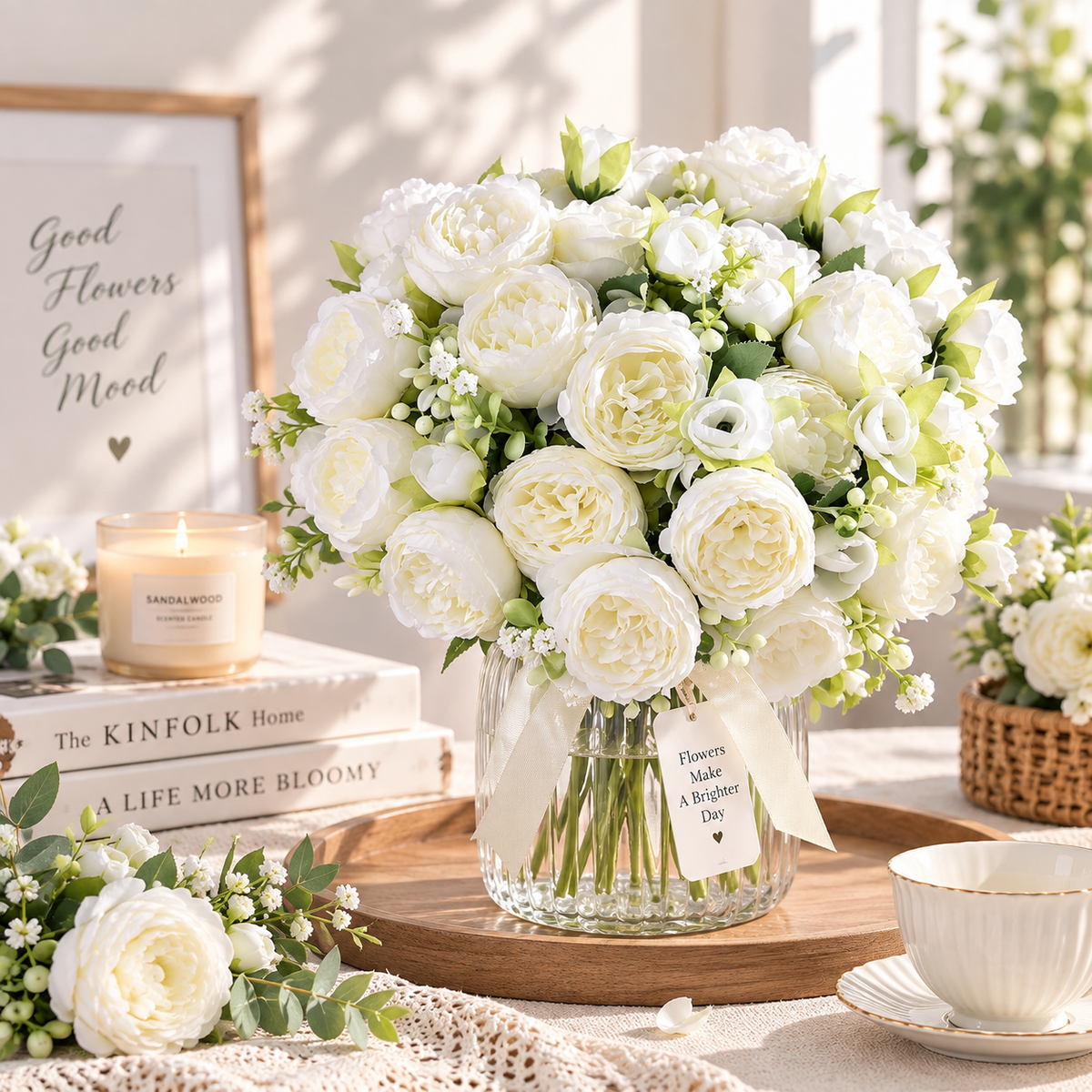 Artificial Peony Flowers – 2 or 4 Bundles Silk Faux Peony Bouquet for Wedding & Home Decor