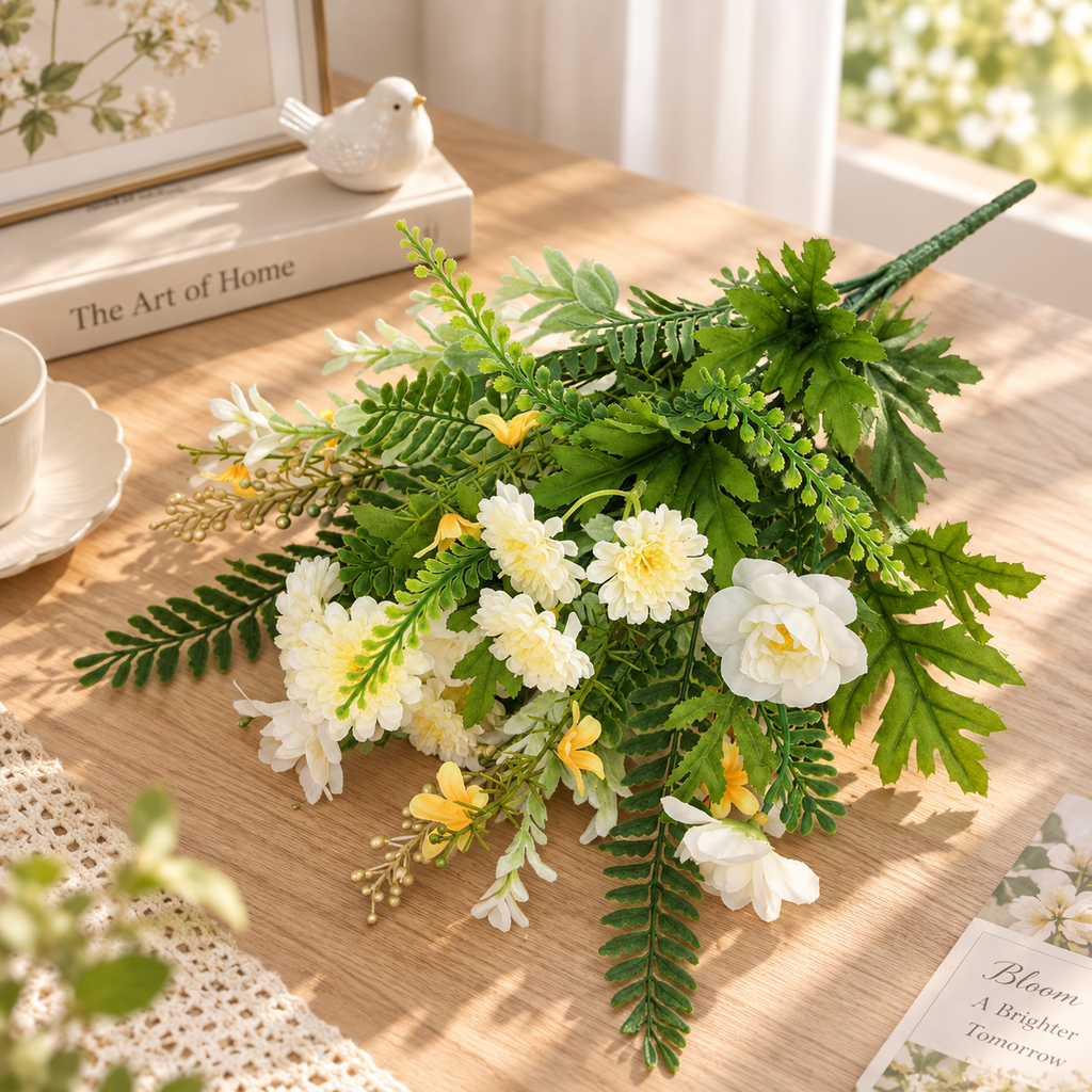 19" Artificial Gardenia Floral Arrangement – White Faux Flowers & Greenery for Indoor Home Decor
