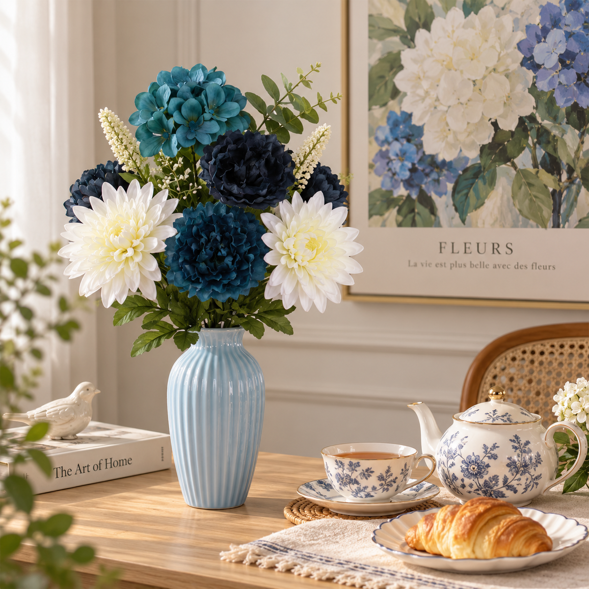 Artificial Flower Bouquet with Hydrangea & Peony, Navy and Cream Faux Flowers, 21.5 Inch Indoor Home Decor