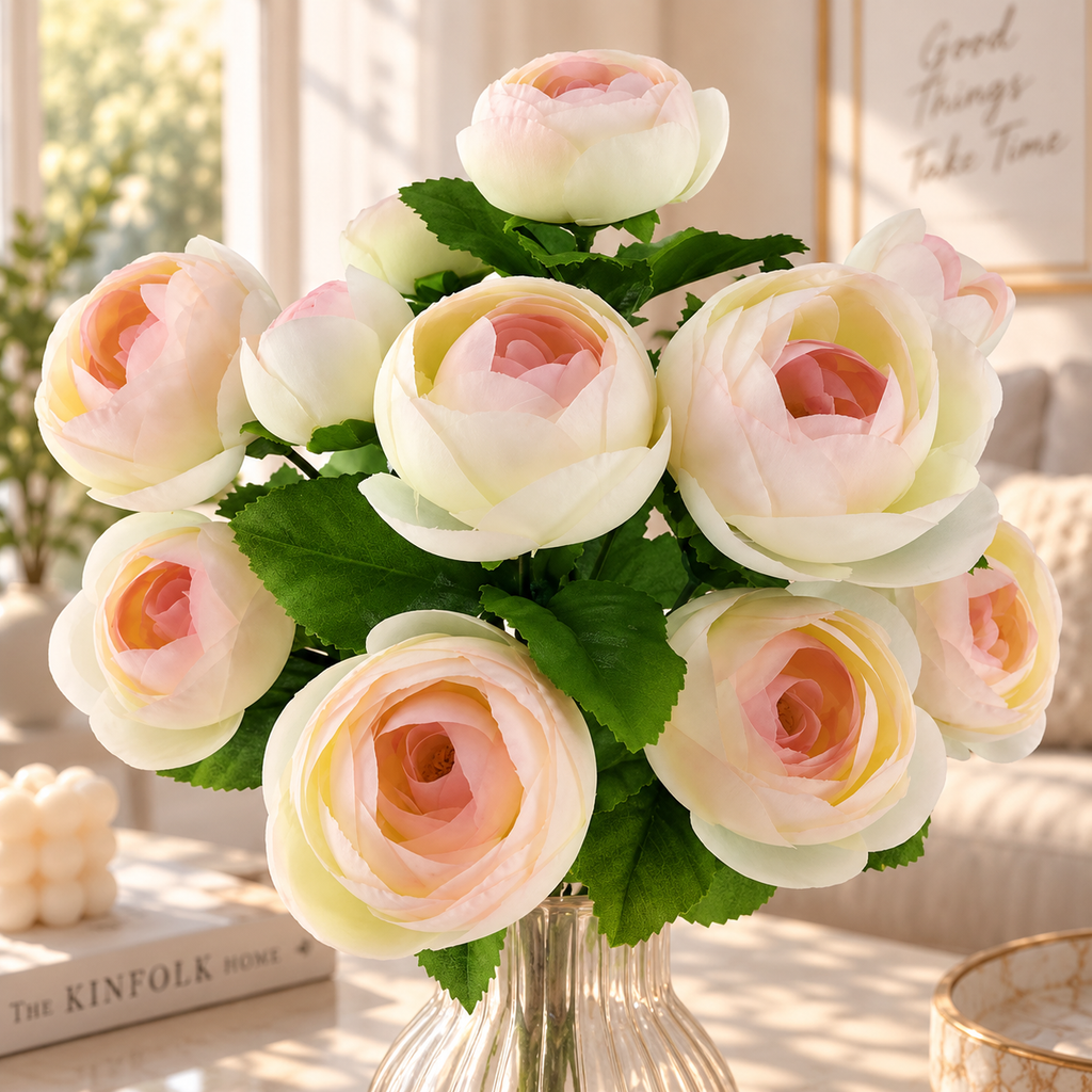 15 in Artificial Ranunculus Bush Light Pink – Faux Silk Flowers for Indoor Home Decor, Vase Arrangements & Seasonal Decorating