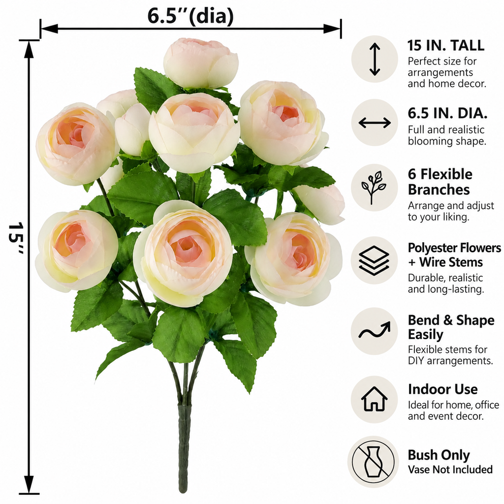 15 in Artificial Ranunculus Bush Light Pink – Faux Silk Flowers for Indoor Home Decor, Vase Arrangements & Seasonal Decorating