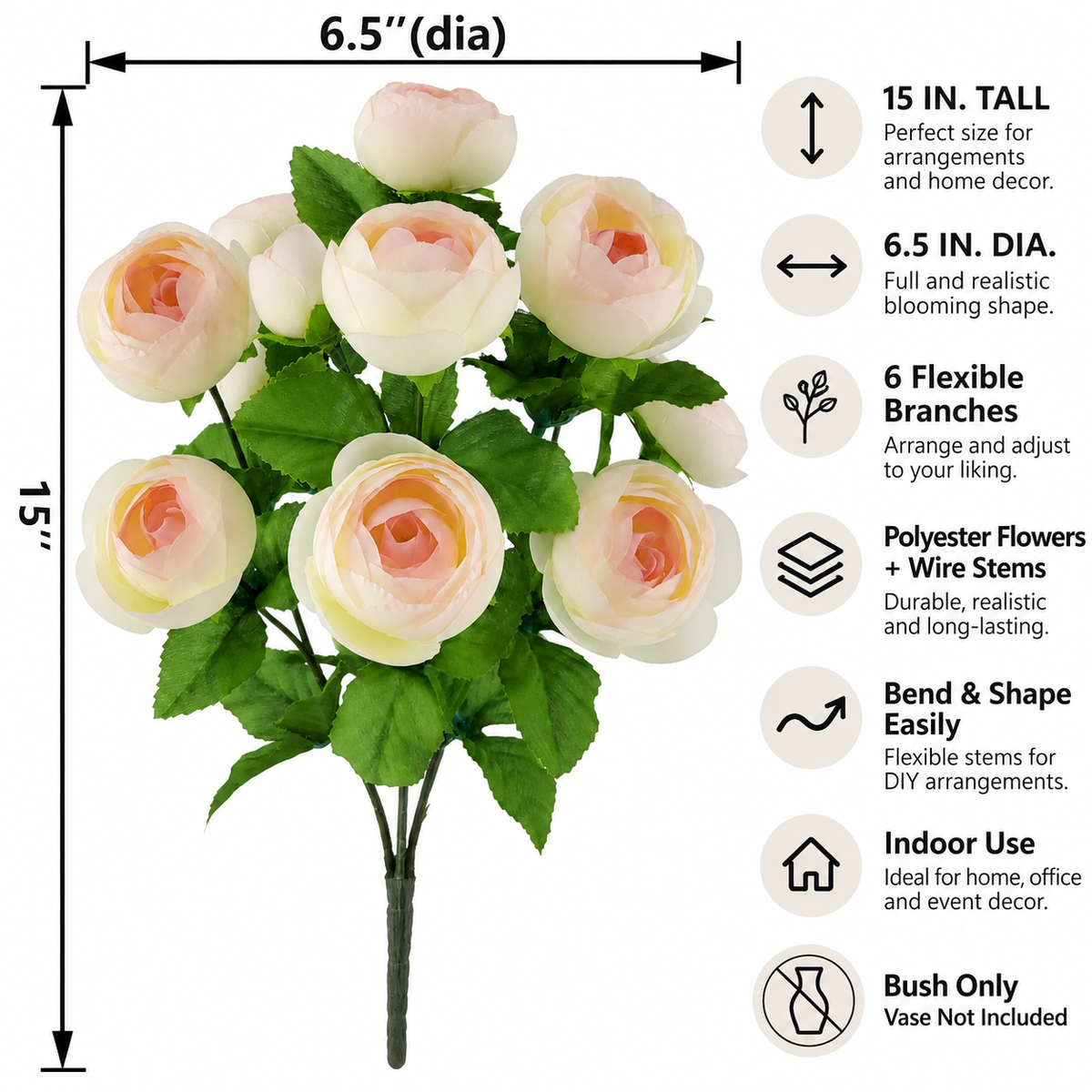 15 in Artificial Ranunculus Bush Light Pink – Faux Silk Flowers for Indoor Home Decor, Vase Arrangements & Seasonal Decorating