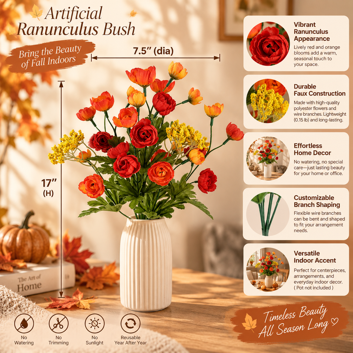 17" Artificial Ranunculus Floral Bush – Red & Orange Faux Flowers for Home Decor, Centerpieces & Office