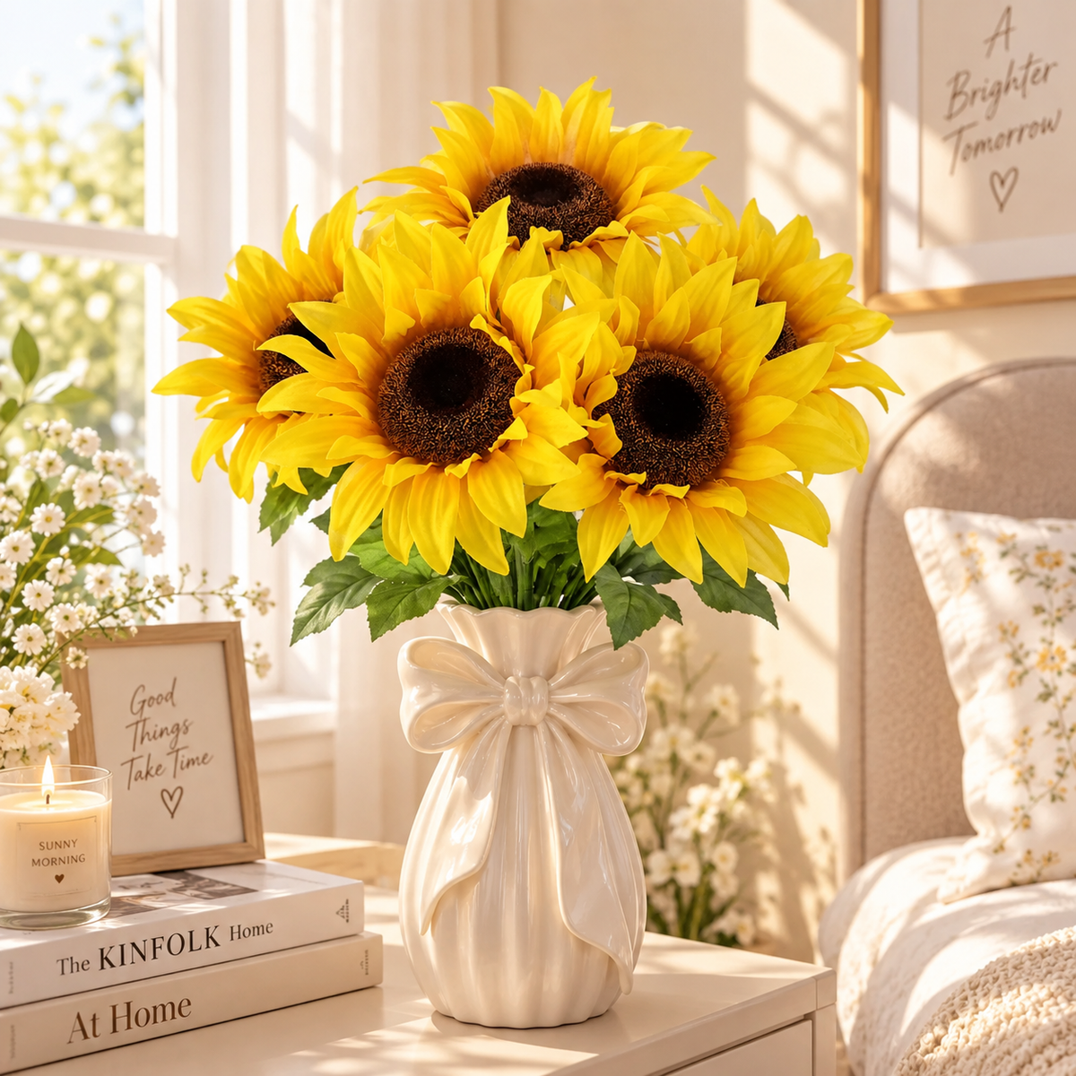 Indoor Artificial Sunflower Bush – Yellow Faux Floral Arrangement, 19.25 in