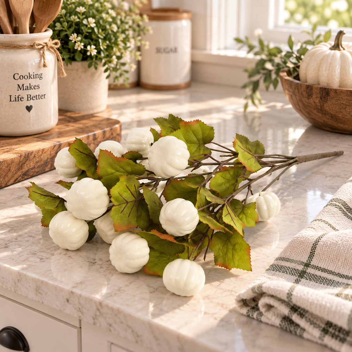 18-Inch White Artificial Pumpkin Bush for Fall Decor – Indoor Faux Pumpkin Stem with Green Foliage