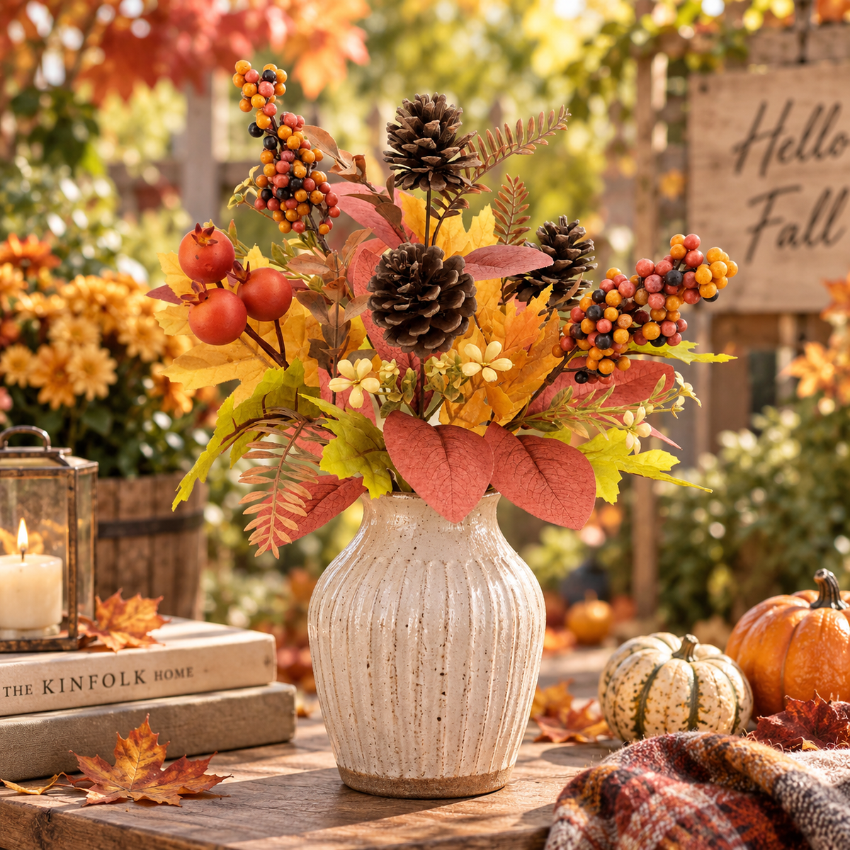 16" Artificial Fall Berry & Pinecone Bush – Autumn Harvest Floral Decor for Home, Table & Centerpieces