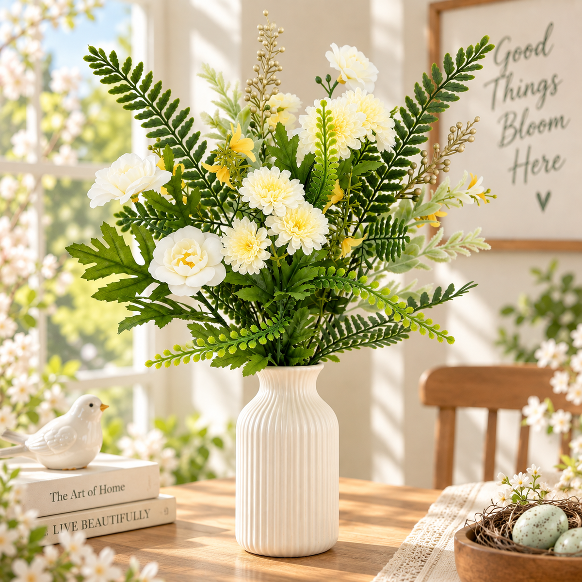 19" Artificial Gardenia Floral Arrangement – White Faux Flowers & Greenery for Indoor Home Decor