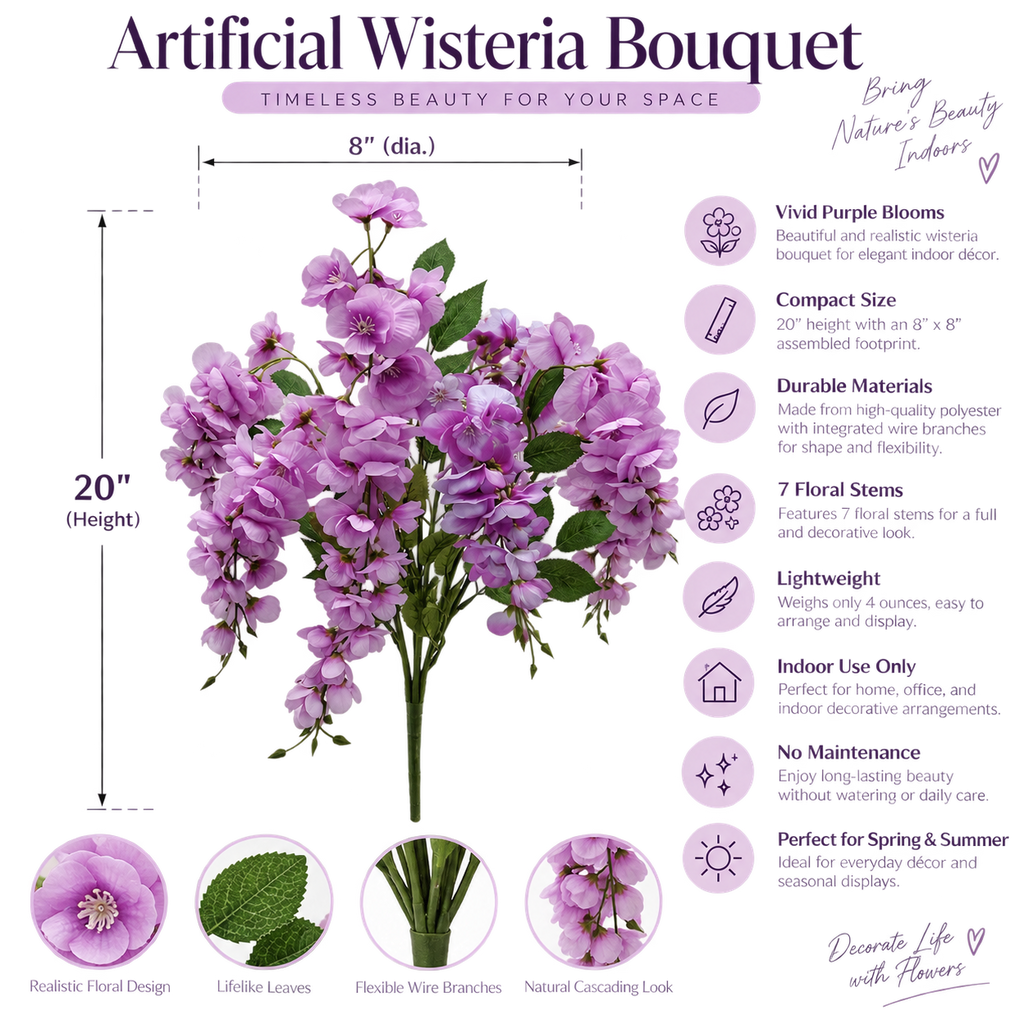 20 Inch Artificial Wisteria Bouquet, Purple Faux Flowers for Home Decor